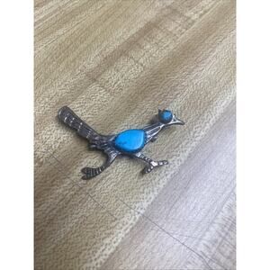 Vtg Native American Sterling Silver .925 Turquoise Roadrunner Bird Brooch Pin